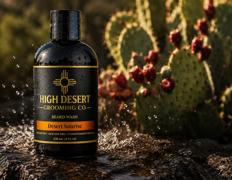High Desert Grooming Co. Desert Sunrise beard wash bottle splashing on a rock with prickly pear cactus.