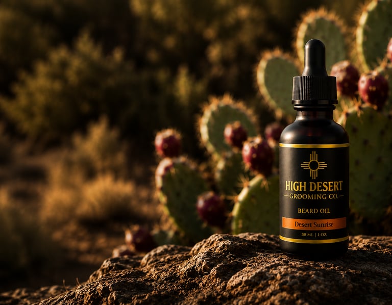 High Desert Grooming Co. beard oil bottle on a desert rock with prickly pear cactus in the background.