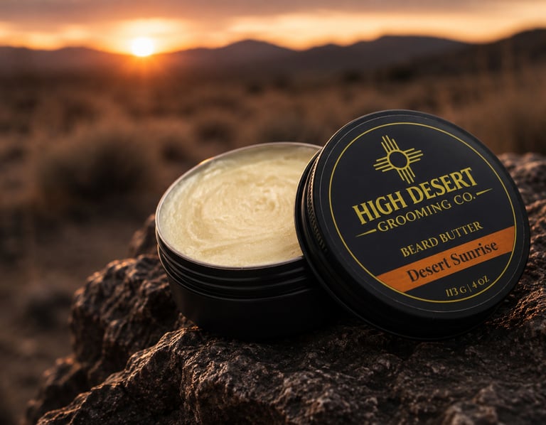 High Desert Grooming Co. Desert Sunrise beard butter tin on a rock with a scenic desert sunset background.