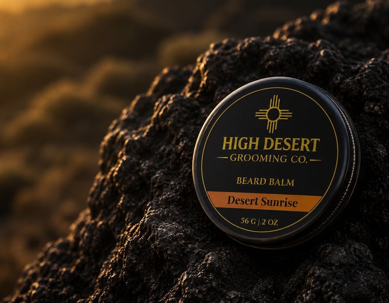 High Desert Grooming Co. Desert Sunrise beard balm tin resting on a rugged desert rock at sunset.