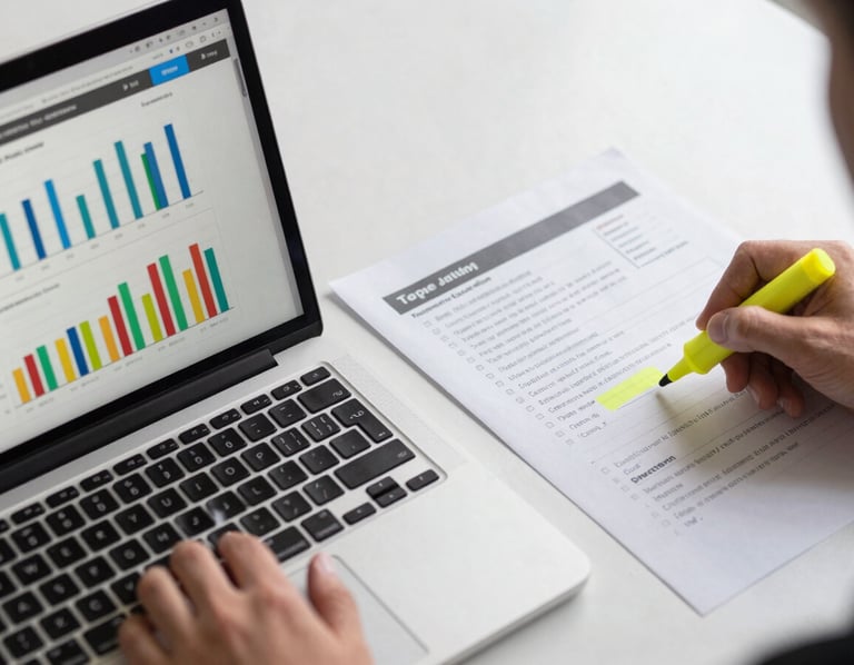 Close-up overhead shot of a desk — open laptop showing a campaign performance dashboard with colorful bar charts, a hand resting on the trackpad, a printed media plan beside it with handwritten margin notes, a yellow highlighter mid-use, studio daylight from the upper left, sharp documentary framing