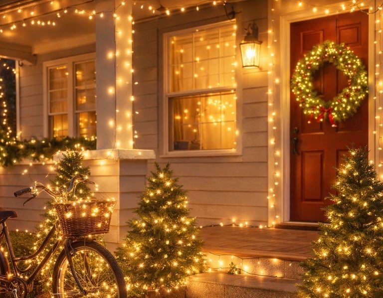 Casa com decoração de natal, árvores, cedrinhos iluminados e bicicleta antiga