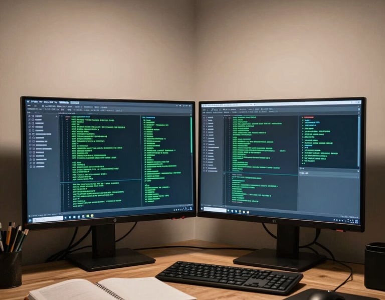 Wide environmental shot of a home-office corner at night, monitor showing a terminal with green output text, a notebook open beside the keyboard, ceiling light overhead, no person visible — the workspace itself