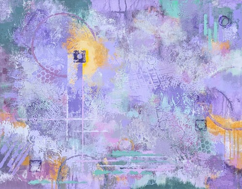 Textured abstract painting in lavenders, pinks, and yellows.
