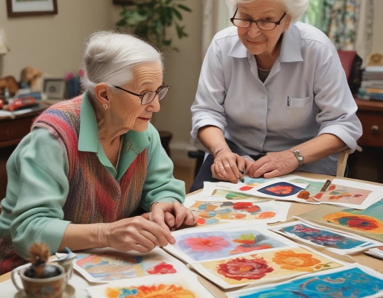 Children are seated around a table engaged in a painting activity. Each child holds a paintbrush, focusing on their artwork. A variety of colors and art supplies are scattered on the table, creating a lively and creative atmosphere.
