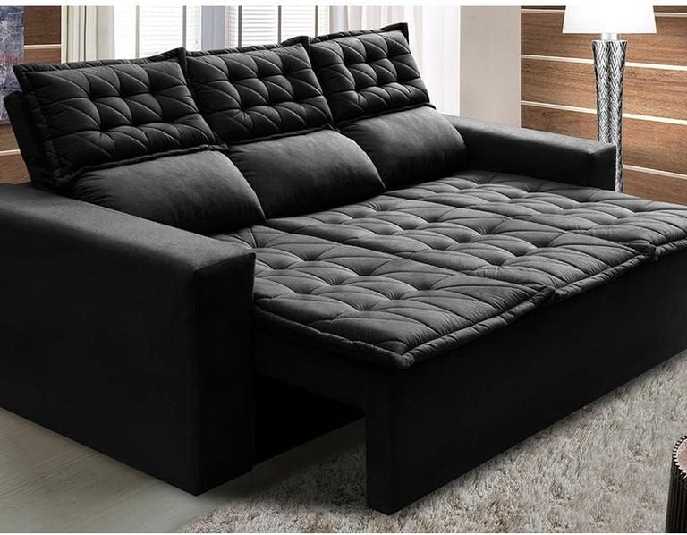 Sofá 3 Lugares Retrátil e Reclinável Cama Inbox Slim 2,00m Velusoft Preto