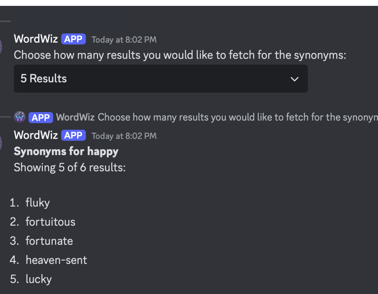 WordWiz bot response in Discord