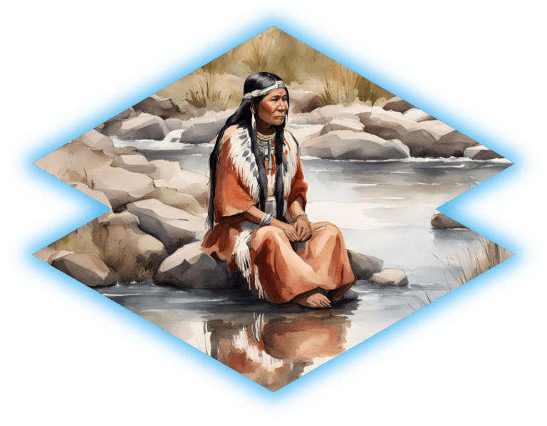 Native American women taking time for herself to connect with nature near a stream