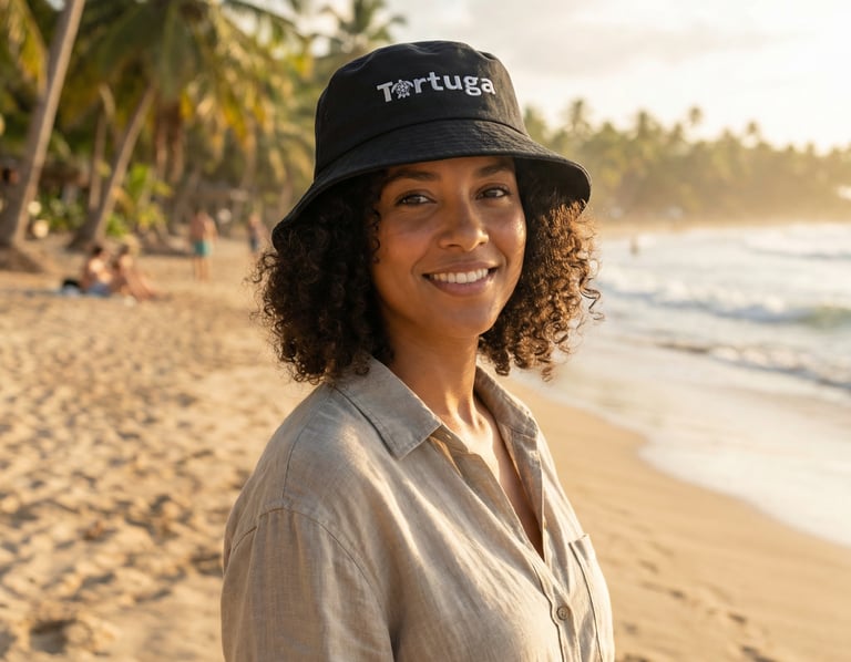 Smiling woman wearing a black Tortuga brand bucket hat on a sunny tropical beach with palm trees.
