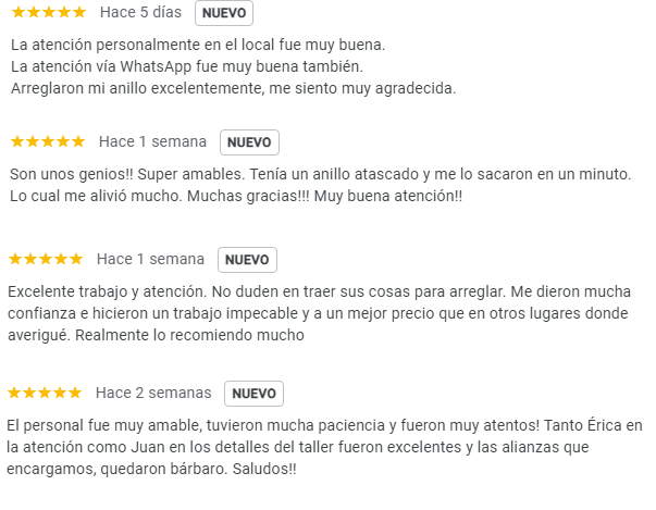 Muestras de reseñas a Meridiano75 dejadas por visitantes en Google