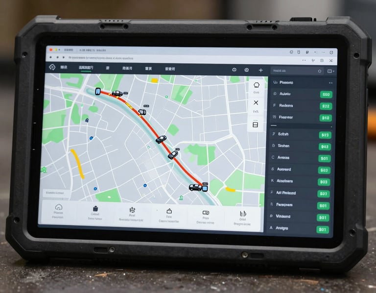 Rugged tablet screen displaying a technical logistics dashboard with route maps, vehicle coordinates, and delivery status indicators, high-contrast interface.
