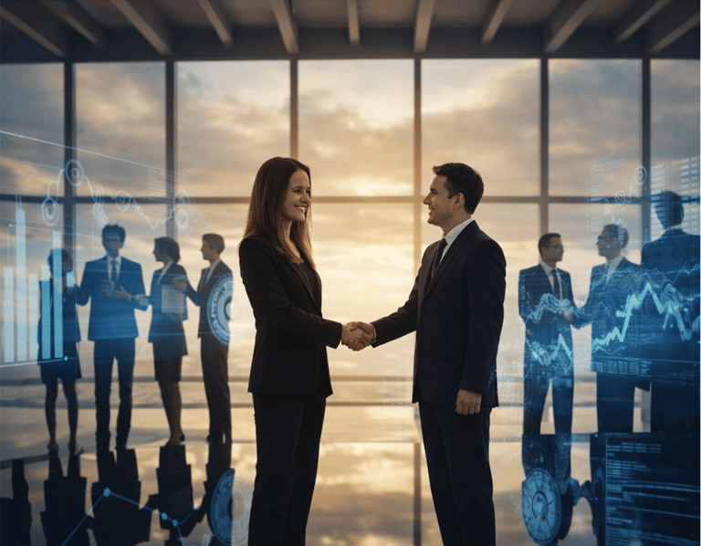 Ad Interim Managerin Marta Meyer schüttelt einem Kunden die Hand nach erfolgreichem Wachstumsprojekt