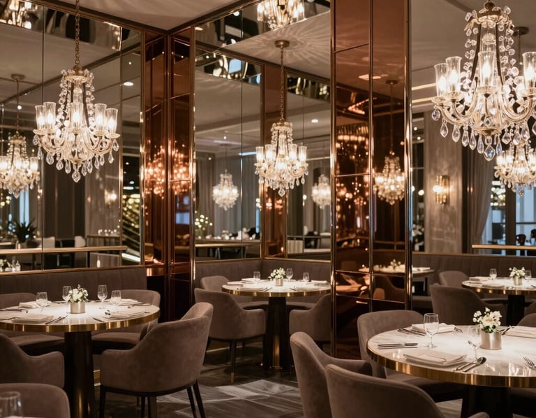 Miroirs sur mesure décoratifs dans un restaurant luxueux avec lustres.