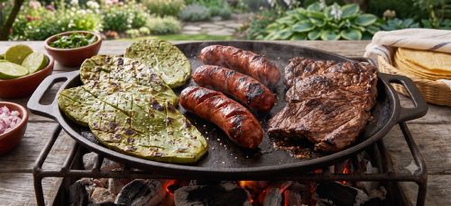Arrachera, chorizo y nopales en el asador listos para comer en una tortilla de maíz.