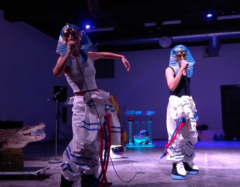 Chloé Py et David Noir chantent sous des masques de pharaons