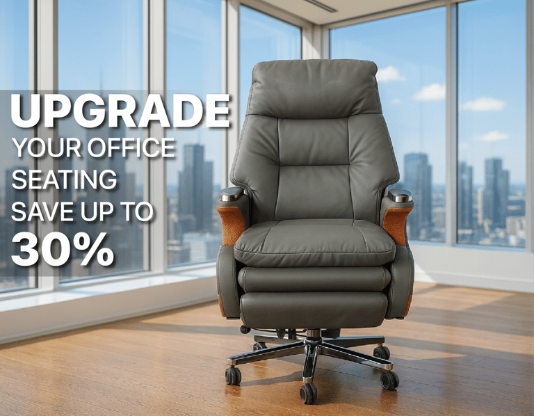 Ergonomic grey leather office chair in a modern high-rise office with a 30% off promotional text.