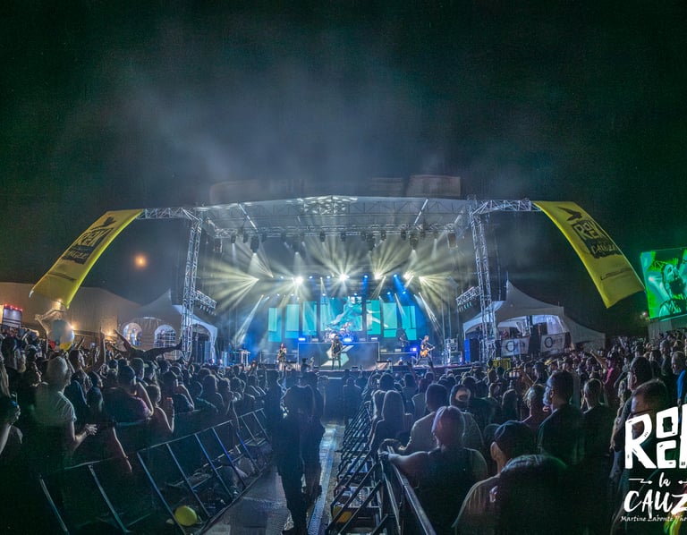 Live rock band performing on a large outdoor stage with lights and a crowd at the Rok la Cauze festival.