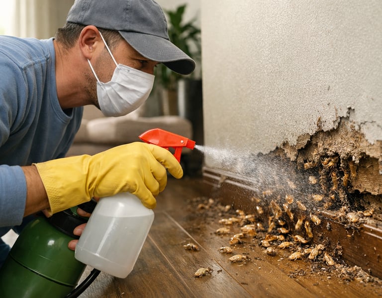 Professional pest control technician applying targeted termite spray to a wall.