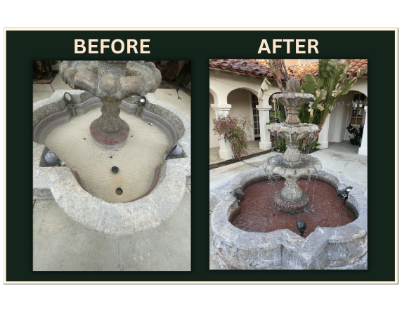 Before and after non-toxic laser cleaning of outdoor stone water fountain basin and tilework