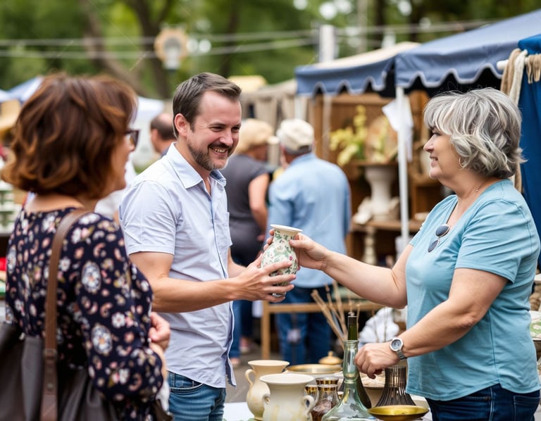 Sur une brocante vide-greniers un coupe achète heureux, un vase sur un stand.