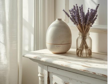 Vitruvi stone diffuser in white matte ceramic on a shabby chic wood table.