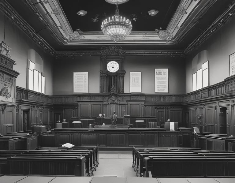A courtroom with rich wooden paneling and a red curtain behind the judge's bench. The room features a central podium with a computer monitor, pale green carpet, and framed artwork on the wall. It is illuminated by overhead lighting, creating a formal and orderly atmosphere.