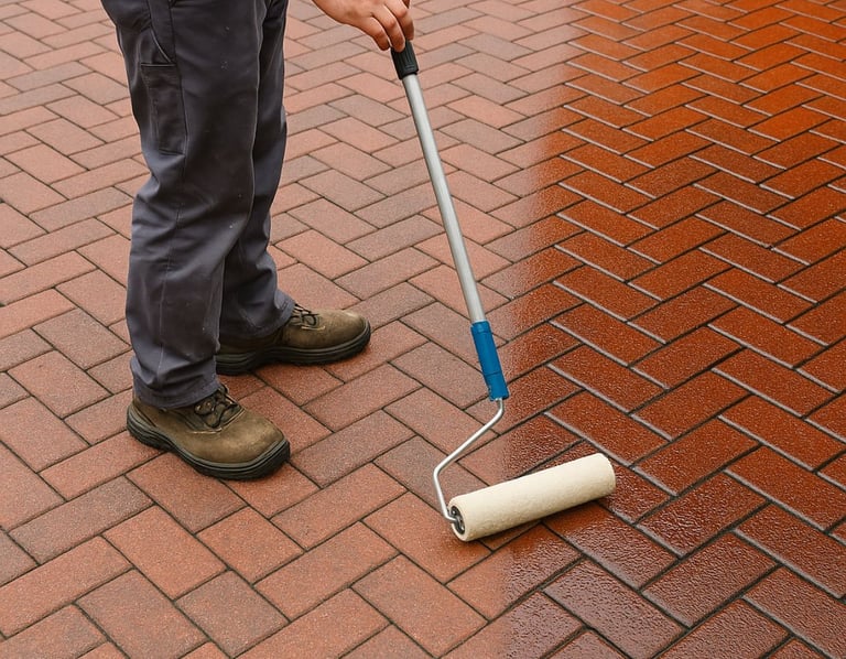 a man is painting a brick wall with a roller roller