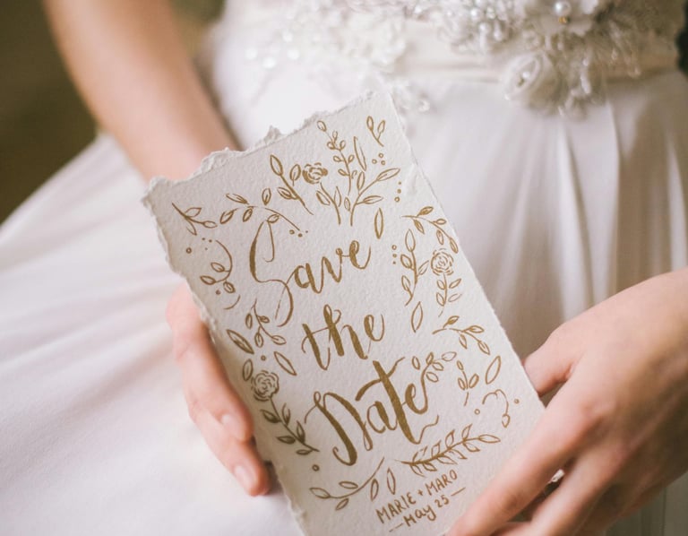 Mariée avec un faire-part dans les mains, save the date