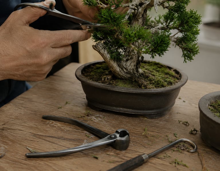 Gardener using pruning shears to carefully trim a juniper bonsai tree in a ceramic pot.
