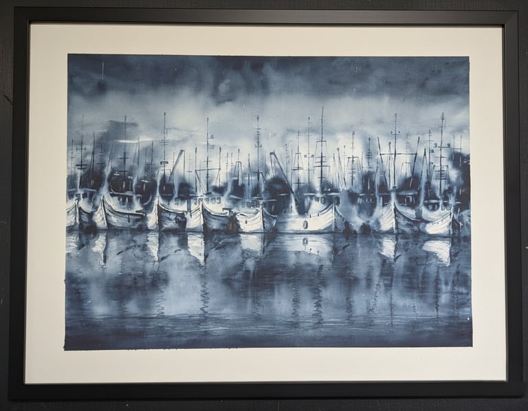 watercolour painting of ghost ships.