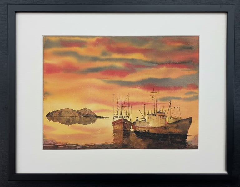 watercolour painting of boats and the Great Blasket island, off the coast of Kerry, west of Ireland.