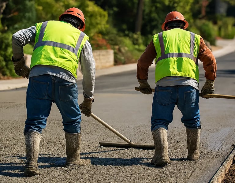 two men in safety vests are working on a concrete paving