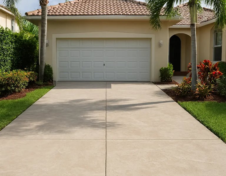 ight decorative concrete driveway at a Hollywood, FL home with smooth textured finish, clean and tropical landscaping.