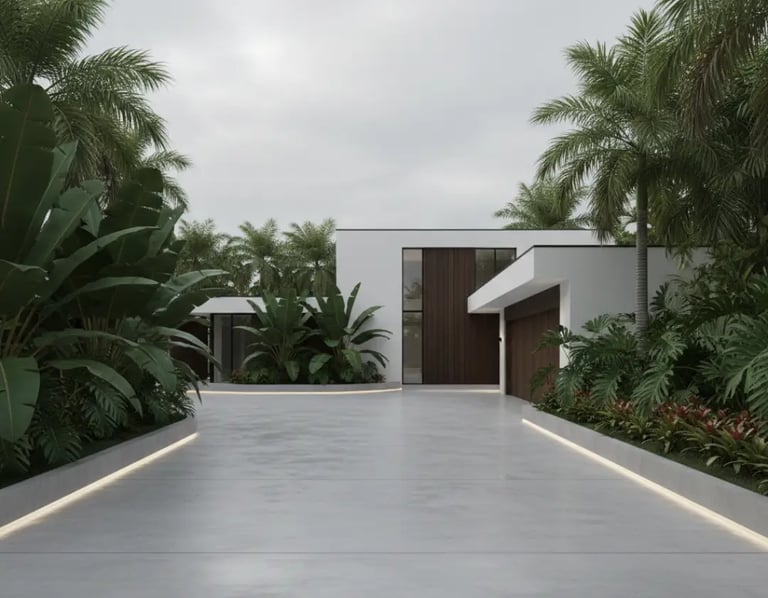 Smooth finish concrete driveway at a Hollywood, FL residence with a clean, modern look and seamless surface.