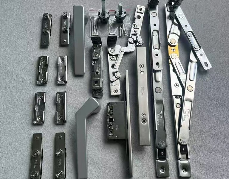 Durable aluminum window hardware kit featuring silver handles, hinges, and friction stays for casement windows.