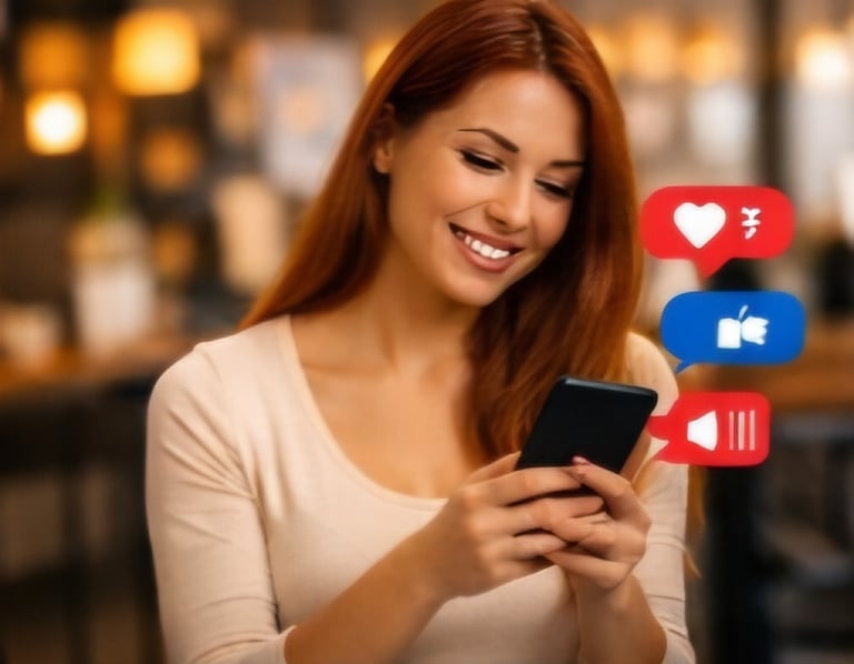 Kobieta przegląda telefon, a obok pojawiają się ikony powiadomień z mediów społecznościowych.
