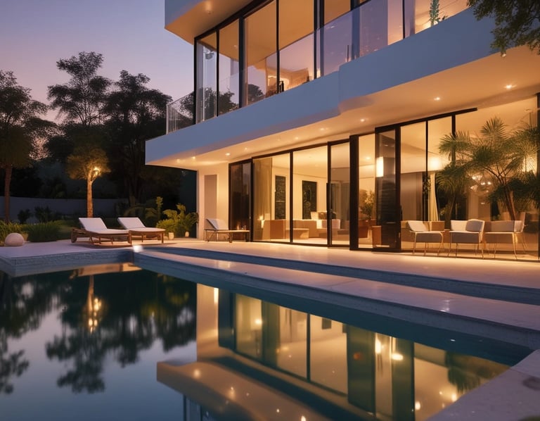 A stylish villa with a private pool and desert views at sunset.