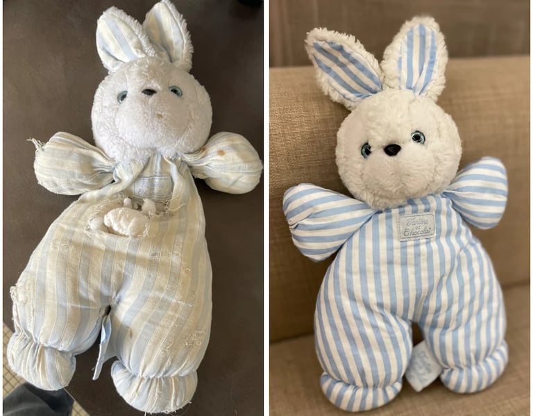 Réparation d'un doudou lapin bleu tartine et chocolat de plus de 30 ans par Mimidoudou and co Rouen