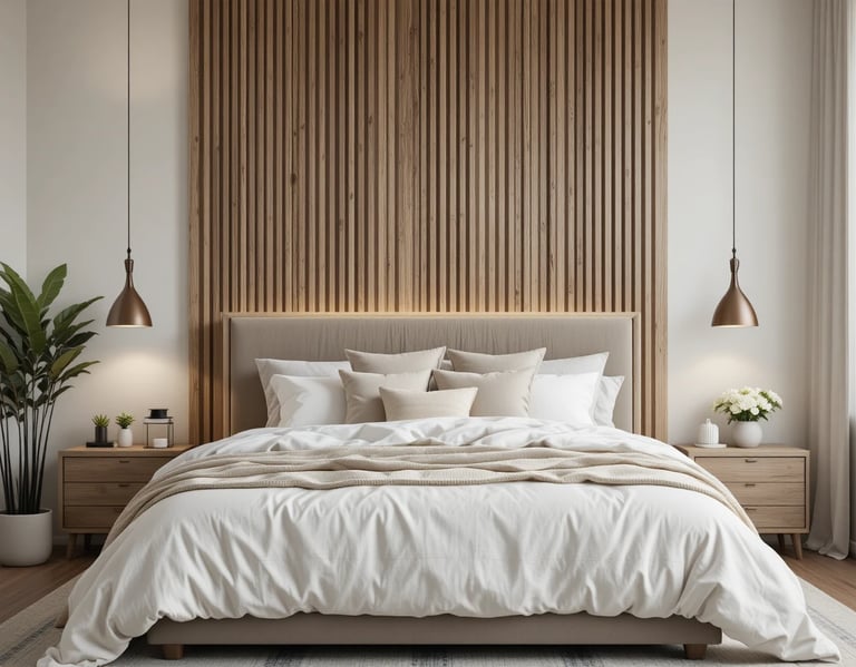 Dormitorio moderno con cabecero de listones de madera, textiles neutros y decoración escandinava aco