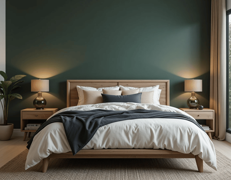 Dormitorio moderno con pared en verde oscuro, cama de madera natural y textiles en tonos crema y bei