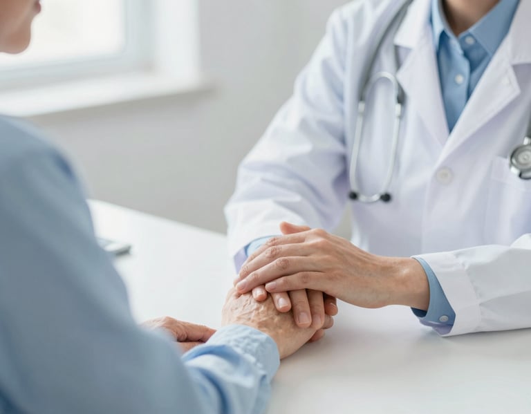 A doctor offering a comforting hand to an elderly patient during a consultation, gentle interaction, warm clinical light, shallow depth of field, blue and white tones.