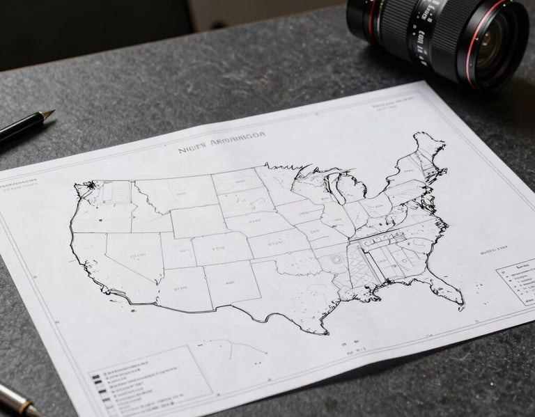 A clean North American / US architectural plan on a dark desk. Professional studio lighting in cloud white and slate.