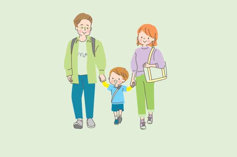 Happy family playing and learning two languages.