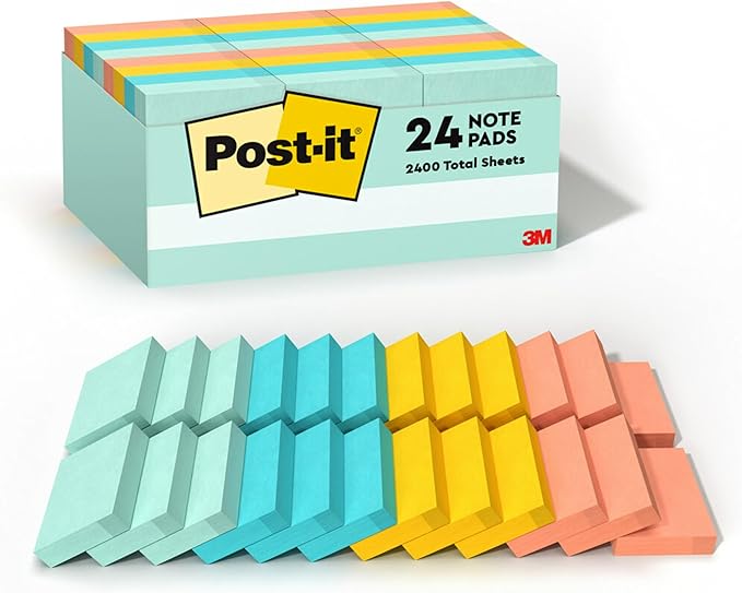Post-it Notes Beachside Café Collection with 24 pastel-colored sticky note pads in assorted shades