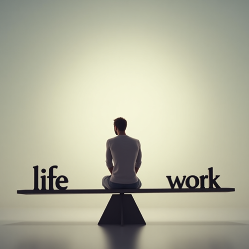 a man sitting on a large scale balancing life and work