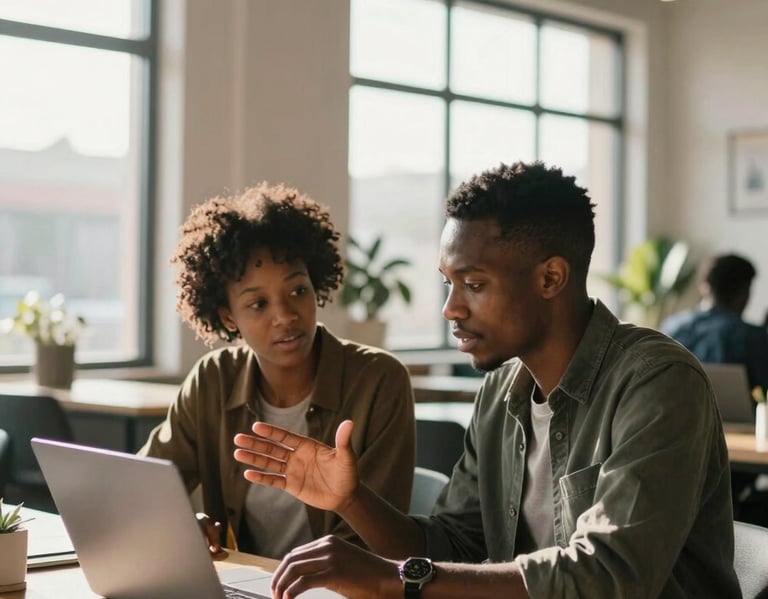 Two young Africans in a sunlit co-working space, one gesturing over a laptop screen toward the other in an engaged mentorship conversation, warm natural window light, environmental wide shot showing the full workspace context