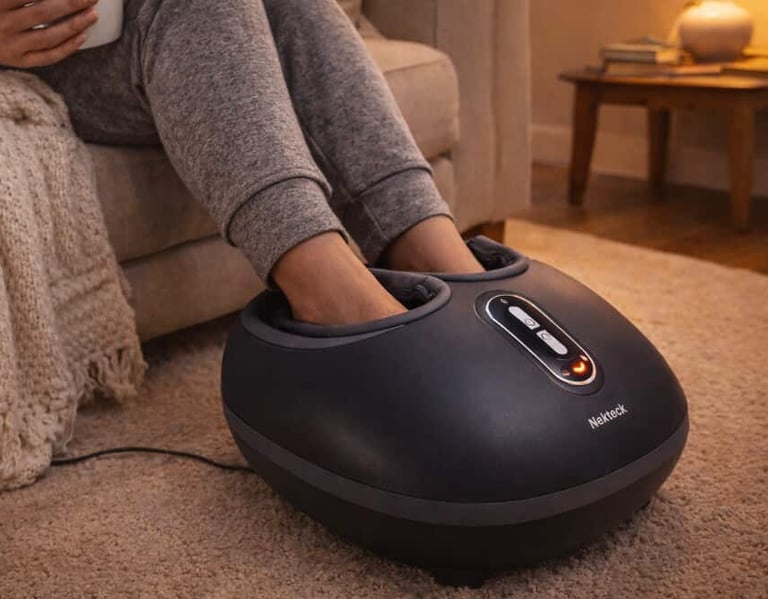 Electric foot massager providing heated relaxation while seated comfortably at home