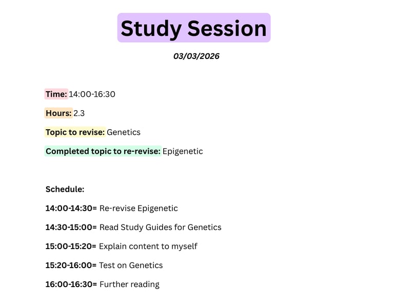 Digital study session planner showing a revision schedule for biology topics like Genetics and Epigenetics.