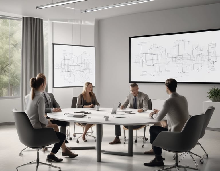 A focused business meeting where a team discusses growth strategies using charts and laptops.