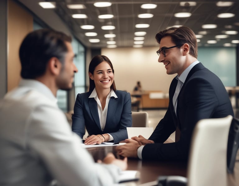 A focused business meeting where a team discusses growth strategies using charts and laptops.
